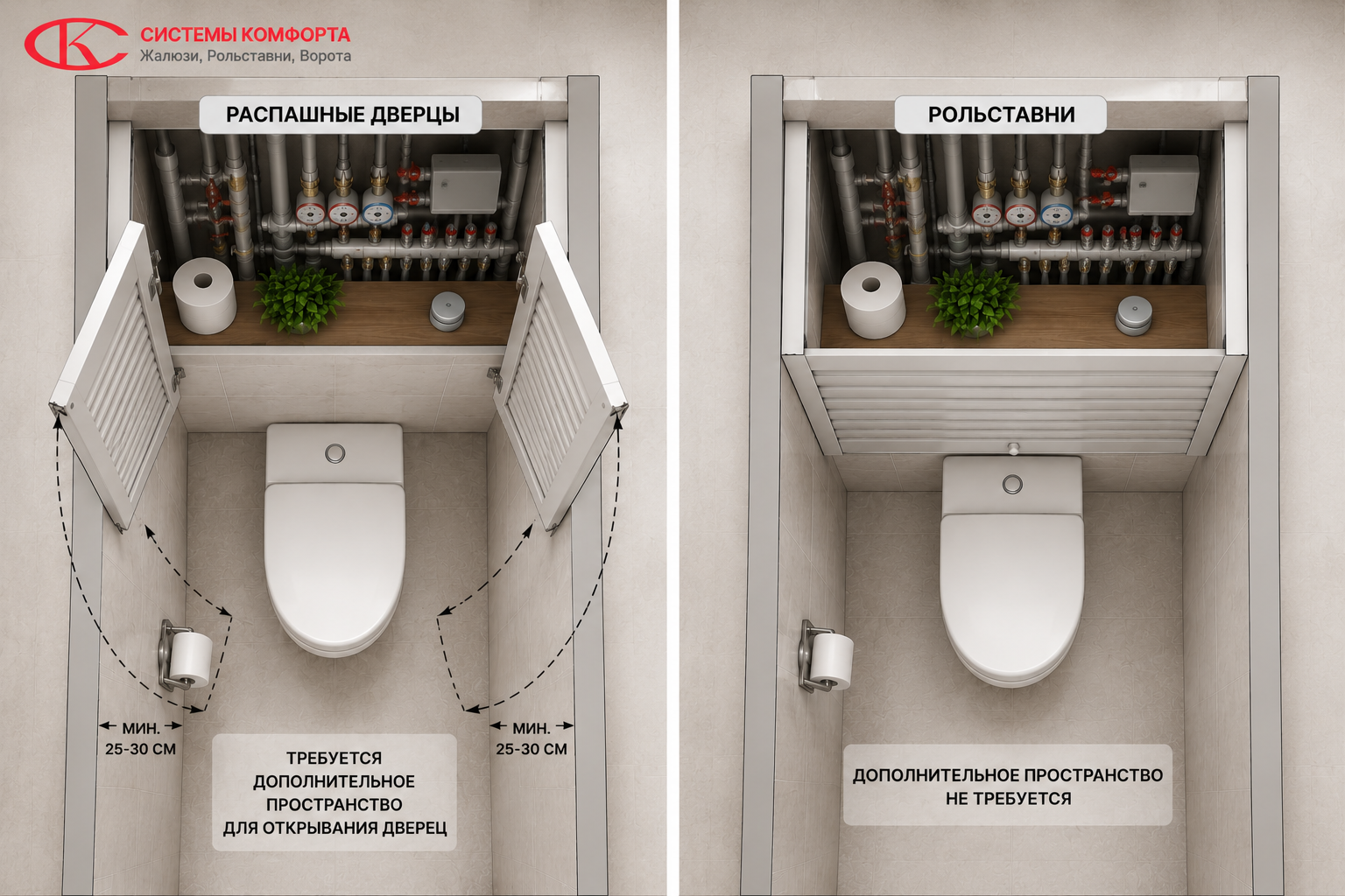 Схема установки рольставней и дверец в узком туалете
